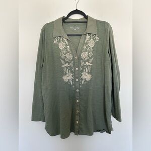 Soft Surroundings Green Embroidered Tunic Button Shirt Top Size Large 100%Cotton